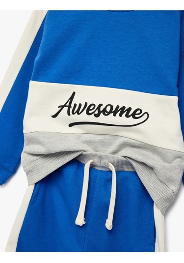 Koton Pamuklu Şardonlu Baskılı Renk Bloklu 2'li Eşofman Takımı Mavi 6wmb10208tk Mavi