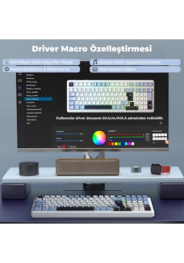 Aula F99 Mekanik Rgb Graywood V4 Switch 3 Modlu Kablosuz Makrolu Hot Swap Türkçe Q Klavye Lacivert