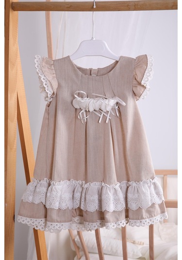 Bayramlık Keten Kız Bebek Çocuk Elbise 12787 001