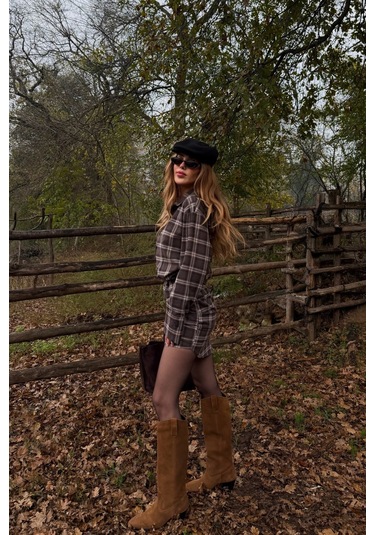 Kahverengi Ekose Gömlek Elbise - 4989 Kahverengi