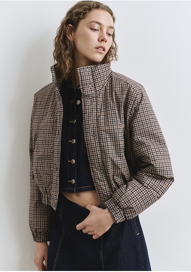 Mavi - Kahverengi Kareli Şişme Mont 1110269-90373 Kahverengi