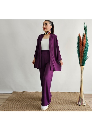 İpli Mor Renk Cep Detaylı Bol Paça Kimono Takım Mor