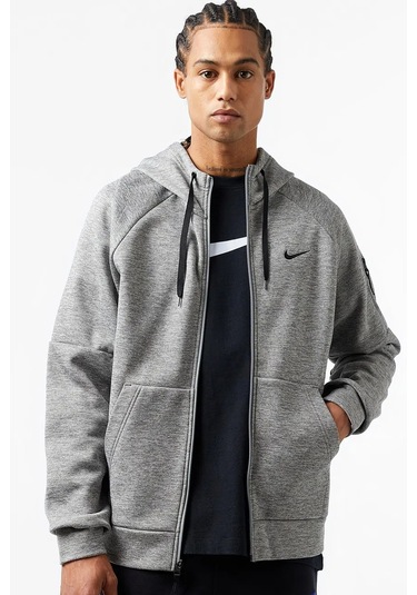 Nike Therma Fit Full Zip Hoodie Erkek Kapüşonlu Termal Fermuarlı Sweatshirt Gri Gri Melanj