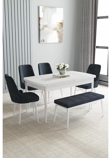 Loft Beyaz 80x132 Açılabilir Mdf Masa Yemek Odası Takımı, Mutfak Takımı 4 Sandalye, 1 Bench Antrasit