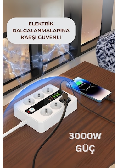 Pro P11 6x Priz 3000w Termal Akım Korumalı 4x Usb 2x Type-c Girişli Çoklu Priz 0.2 M