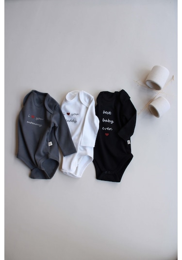 3lü Nakışlı Çıt Çıtlı Uzun Kollu Body Zıbın Set Model 7 Siyah