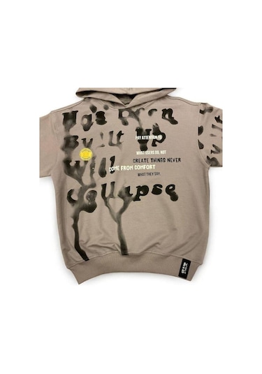 Carinos Erkek Çocuk Oversize Kalıp Kapüşonlu Batik Desenli Sweatsirt-14848 Gri