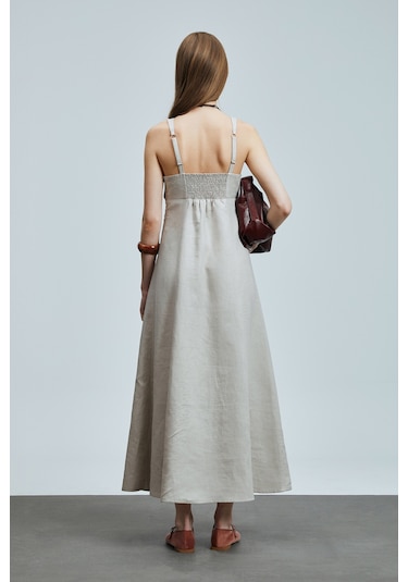 Lufian Selene Kadın Askılı Keten Elbise Bej Bej 121290015100550 Bej