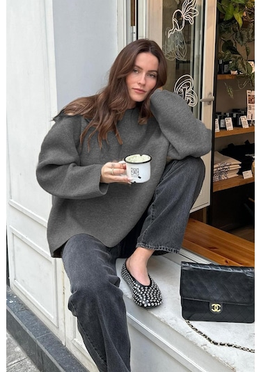 Madmext Madmext Bisiklet Yaka Oversize Triko Kadın Kazak MG1972 Antrasit