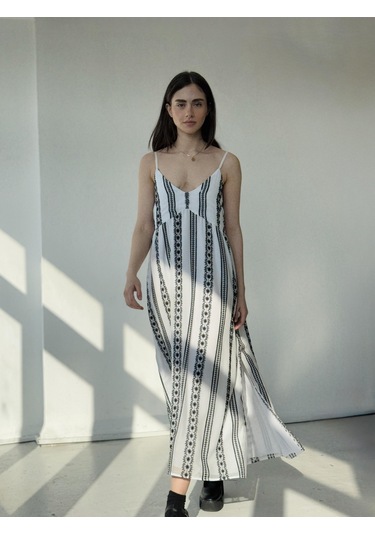 Retrobird Tasarım June Askılı Yırtmaçlı Elbise Kadın Siyah - Beyaz-13908 Siyah - Beyaz