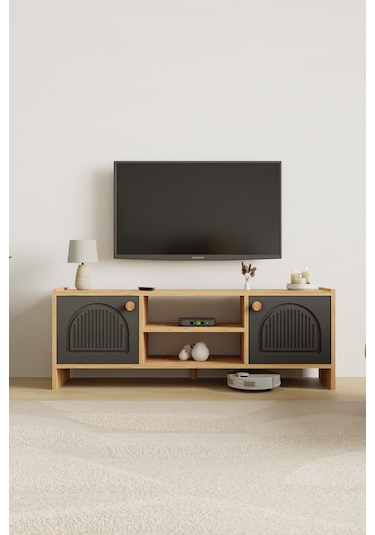 Molde Bohem Tv Sehpası Mdf Membran Kapaklı Raflı Tv Ünitesi Televizyon Sehpası Atlantik Çam - Antrasit