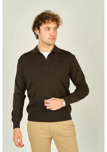 Ateş Triko Erkek Polo Yaka Düğmeli Yün Kazak 6091023 Koyu Kahve Koyu Kahve Koyu Kahverengi