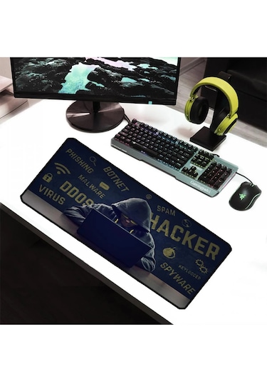 Alkese 70x30 Cm Hacker1 Desenli Dikişli Kaydırmaz Tabanlı Oyuncu Mouse Pad