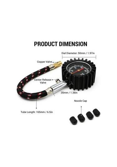 Symbee Kkmoon Metal Araç Lastik Basınç Ölçer 0-100 Psı, 165mm Hortumlu, 4 Kapaklı