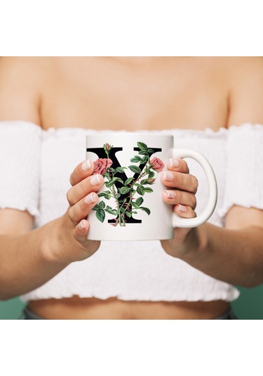 Y Baş Harf Kırmızı Güller İle Sarılı Bardak 330 Ml Kişiye Özel Çiçekli Hediye Beyaz