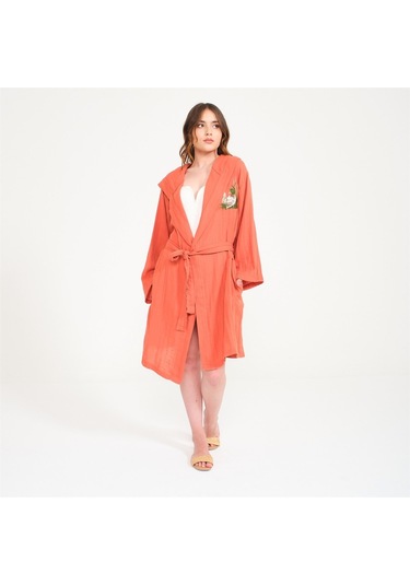 Ördek Nakışlı Kısa Kapüşonlu Müslin Kadın Bornoz-Kiremit