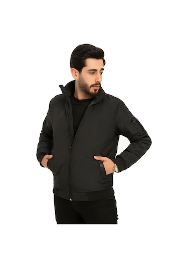 Erkek Siyah İçi Astarlı Dik Yaka Mevsimlik Cepli Su Ve Rüzgar Geçirmez Mont Siyah