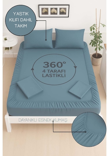 Mirava Premium %100 Pamuk Penye Lastikli Tek Kişilik Çarşaf Takımı 1 Yastık Kılfı Dahil İndgo Mavi 100x200cm Indigo