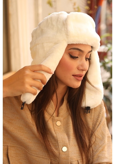 Çıtçıtlı Kürklü Kulaklıklı Peluş Bere Şapka Rkş-03 Ekru Ekru