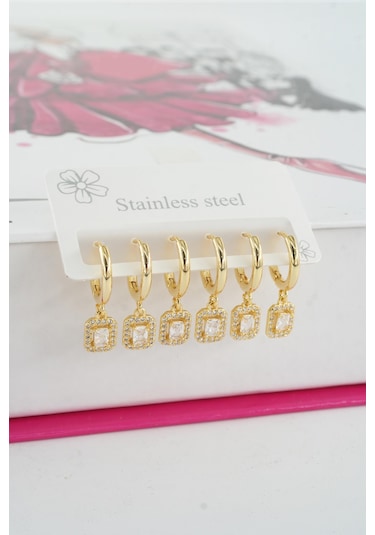 Kadın Vip Seri Özel Tasarım Baget Zirkon Taşlı 6'lı Küpe Seti 034