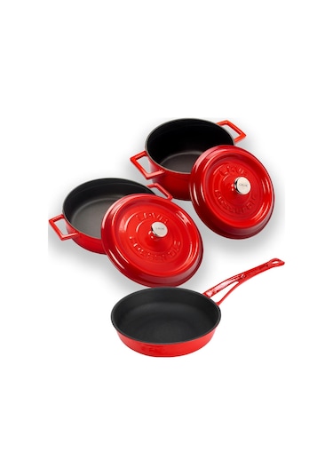 Lava Döküm 3x Trendy Serisi 6 Parça Tencere & Tava Seti Kırmızı
