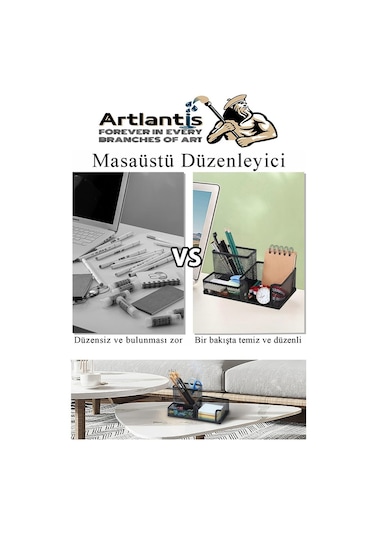 Masaüstü Metal Kalemlik Seti 3 Lü Kombo 1 Paket Fileli Perfore Siyah Kalemlik Ataşlık Kağıtlık Küpnotluk Düzenleyici Siyah