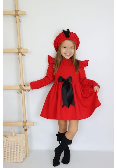Kız Çocuk Kırmızı Sofia Pamuklu Fiyonk Detaylı Elbise Kep Abiye Takım Kırmızı