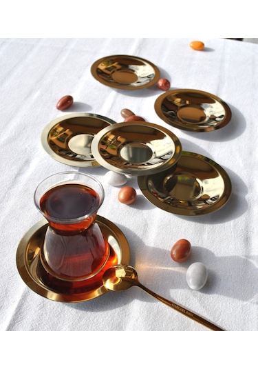 6'lı Paslanmaz Çelik Gold Çay Tabağı 10 Cm Çay Tabak Altın