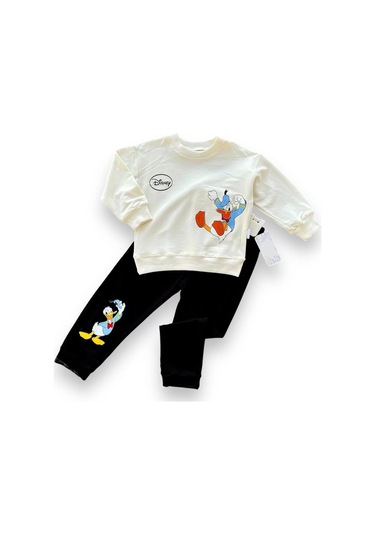 6-9-12-18 Ay Ördek Baskılı Pamuk Penye Kumaş Erkek Bebek Takımı Siyah Siyah