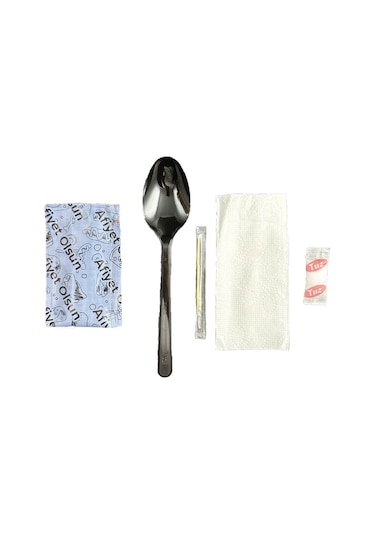 Kullan At Yemek Seti 5'lı Kaşık, Kürdan , Peçete , Islak Mendil , Tuz Siyah