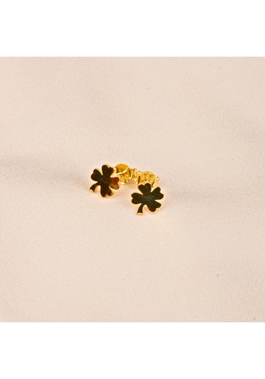 Altın Küpe - 14 Ayar Altın Minimal Yonca Yaprağı Küpe Sarı