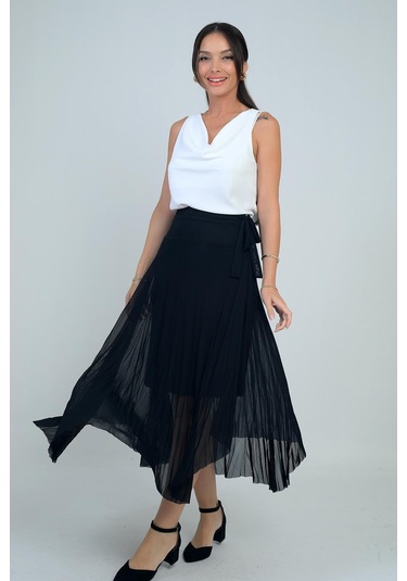 Kadın Yanları Kısa Astarlı Uzun Tül Etek-41717 Siyah