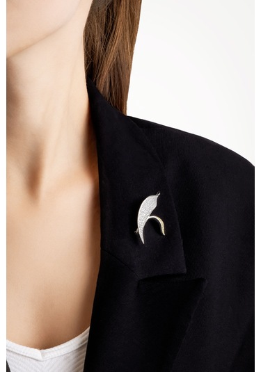 Lilyum Yaprağı 18 Ayar Beyaz Altın Kaplama Gümüş Broş Beyaz Altın Kaplama