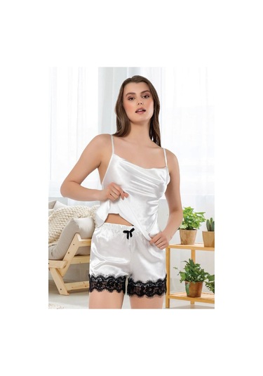 Faal 3103 Kadın Saten Degaje Yaka İp Askılı Şortlu Pijama Takım-beyaz Beyaz