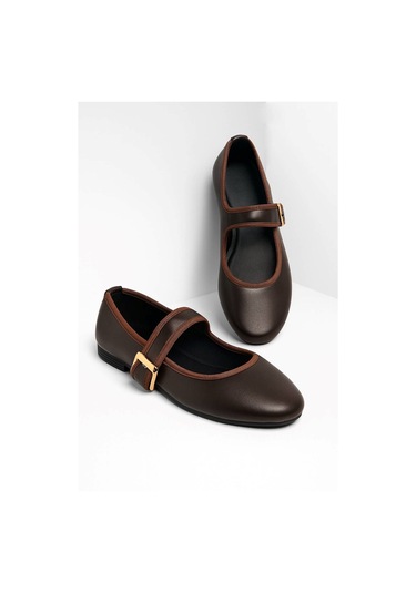 Günlük Bej Kadın Babet Oval Burun Tokalı Sade Kemer Kısa Topuklu Ev İş Ofis Hafif Ayakkabı 210 Acı Kahve