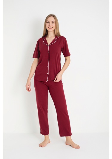 Bordo Renk Biyeli Pamuklu Kısa Kol Pijama Takımı Bordo