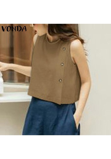 Vonda Kadın Yaz Yuvarlak Yaka Kolsuz Düğmeli Düz Renk Günlük Tank Pembe