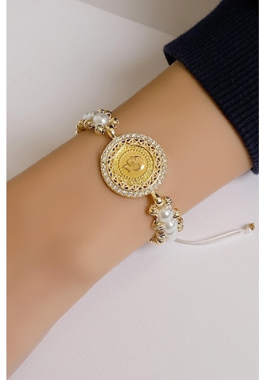 Ena İncili Çeyrekli Bileklik Sarı Altın