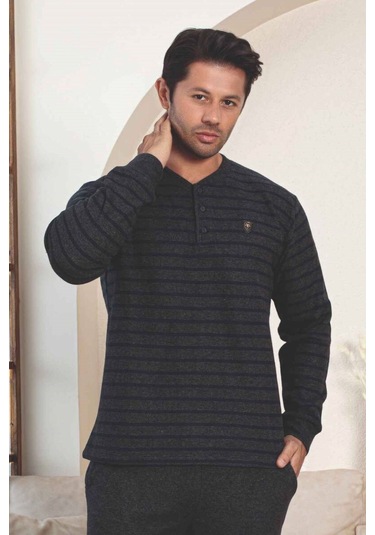 Erkek 3 Düğme Çizgili Kışlık Pamuklu Selanik Kumaş Uzun Manşetli Kol Cepli Pijama Takımı Lacivert-yeşil