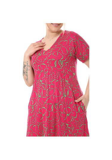 Melsay Butik Göğüsten Robalı V Yaka Kısa Kollu Pembe Çiçek Desenli Cepli Elbise Pembe