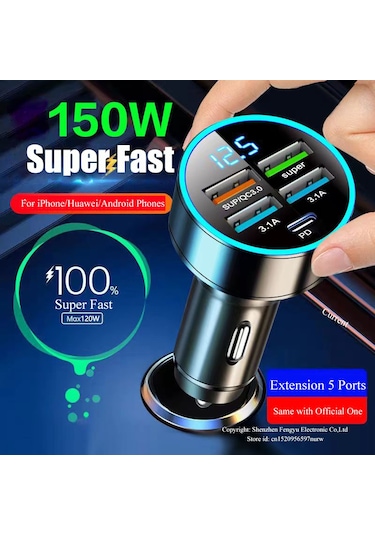 5 Port Usb C Araç Şarj Adaptörü Pd 150w Süper Hızlı Şarj 150w Araç Şarj Cihazı