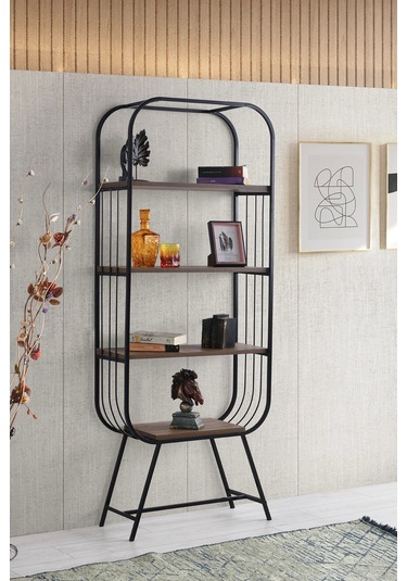 Dekoratif Büyük Duvar Rafı Kitaplık 4 Katlı Siyah-Ceviz Kurulu Gönderilir