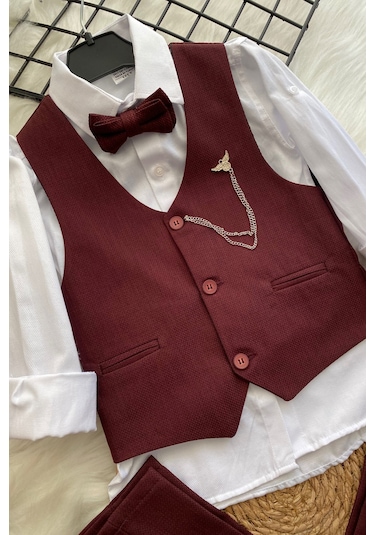 Lüks Planet Yelekli Papyonlu Erkek Çocuk Takım Elbise Bordo