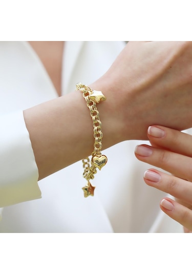 Kalp Yıldızlı Hallow Gold Gümüş Bileklik Gümüş