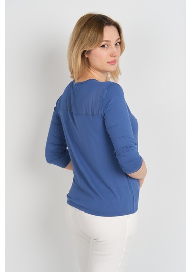 Sistas Kadın Omuz Ve Kolları Tül Detaylı Beli Lastikli Truvakar Kol Bluz 23321 Indigo Indigo