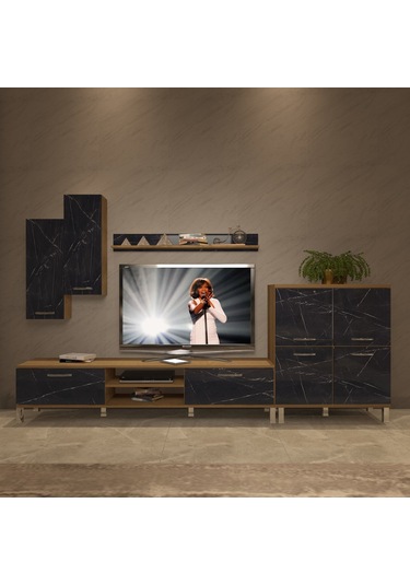 Decoraktiv Eko 6 Mdf Dvd Krom Ayaklı Tv Ünitesi Tv Sehpası Pera - Siyah Mermer