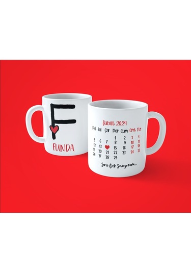 Sevgililer Gününe Özel F Harfi İsimli Takvimli Baskılı Kupa Bardak