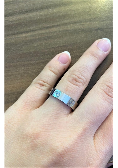 Unisex Love Model Taş Detay Silver Renk Çelik Yüzük Gümüş