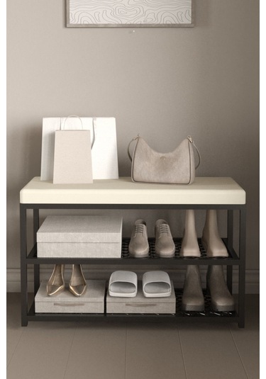 Aju Ayakkabılık Puflu Süngerli Oturaklı Metal Ayakkabı Rafı Modern Vestiyer Baklavalı Metal Tasarım Benc Krem