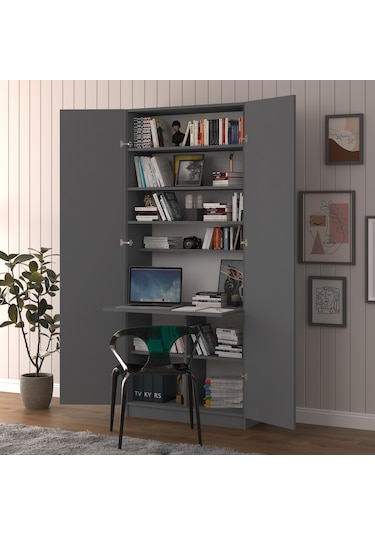 Antrasit Modern Dolaplı Kitaplıklı Raflı Çalışma Masası Antrasit